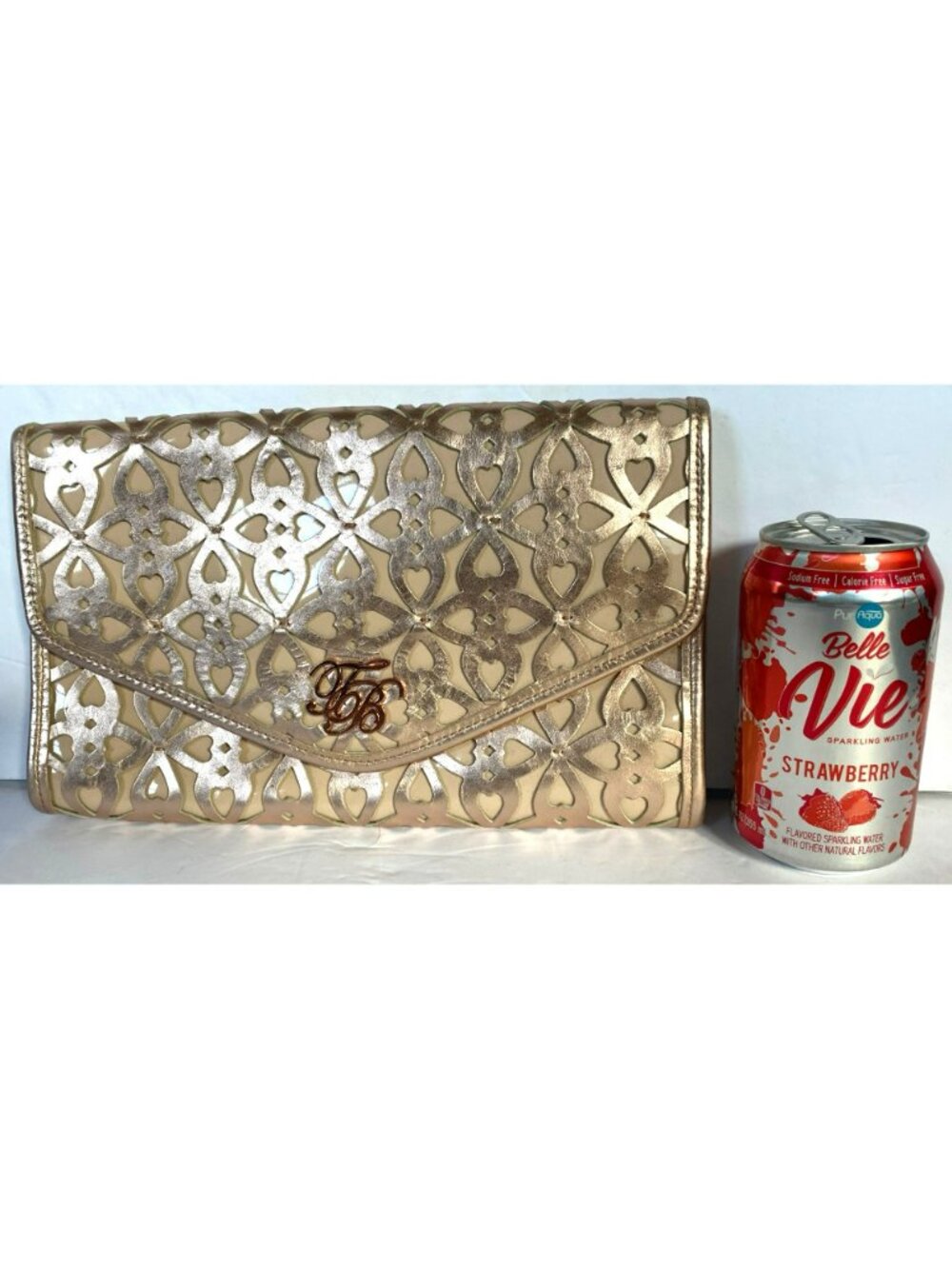 Ted Baker Pink Leather Envelope Clutch Rose Gold Hardware French Bulldog Lining - Picture 9 of 9